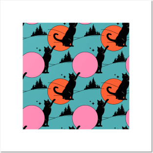 Cool Sun Black Cat Pattern in blue Posters and Art